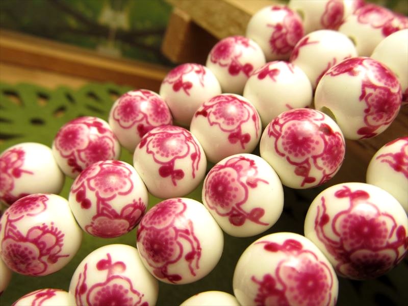 陶器製トンボ玉 とんぼ玉 花柄タイプJ ラウンド型 約10mm 一連 約34cm 約35珠 昔ながらの人工ビーズ 激安 ビーズ rn-p パワーストーン 天然石