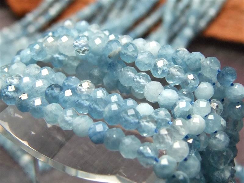 4A極小サイズ 3.0mm珠 アクアマリンカット 一連 約39cm 穴径約0.4mm ネックレスなどに 極上 天然石 ビーズ パワーストーン ブラジル産 rn-s