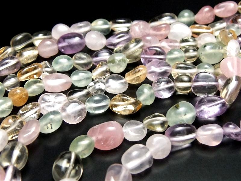 3A MIXストーン 5種 丸タンブル型 長さ約4mm-12mm×幅約5mm-8mm 一連 38-40cm ラベンダーアメジスト ローズクォーツ シトリン グリーンアメジスト プレナイト