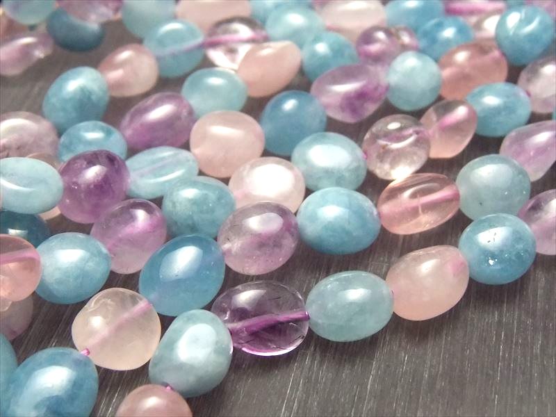 3A MIXストーン 3種 丸タンブル型 長さ約6mm-12mm×幅約5mm-7mm一連約38-40cm アクアマリン ローズクォーツ ラべンダーアメジスト ブラジル産 rn-s