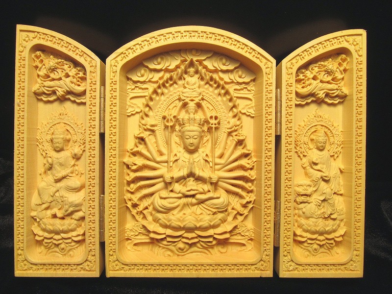 扉型 観音開き 千手観音 高さ約100-105mm 極上繊細彫り 木彫り千手観音像 置物 文殊菩薩 普賢菩薩 今回入荷は最後の画像3枚 ok-s パワーストーン 天然石