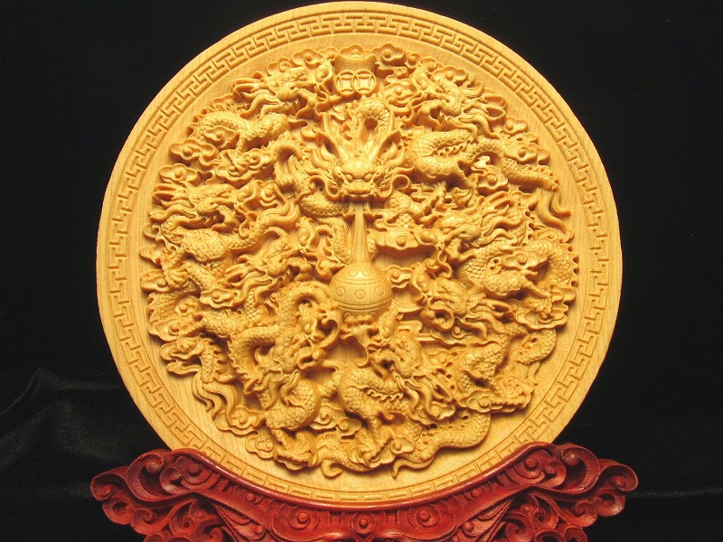 竜生九子 龍彫り 台付き お皿型置物 直径約142mm 5A極上彫り 木彫り 九龍 五本爪龍 皿型置物 風水 インテリア 箱に凹み有り ok-s パワーストーン 天然石