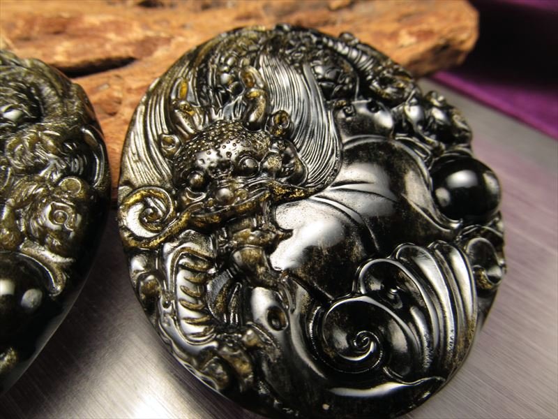 激安宣言 ゴールデンシャインオブシディアン 黒曜石 龍彫り カービングプレート 縦約52mm ドラゴン メキシコ産 geki-obG37 パワーストーン 天然石