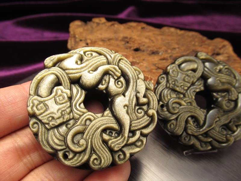 激安宣言 ゴールデンシャインオブシディアン 黒曜石 龍雲彫り リングプレート 縦約46mm メキシコ産 geki-obG54 パワーストーン 天然石