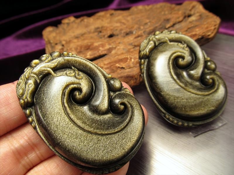 激安宣言 ゴールデンシャインオブシディアン 黒曜石 福龍彫り カービングプレート 縦約50mm メキシコ産 geki-obG65 パワーストーン 天然石 ss-30