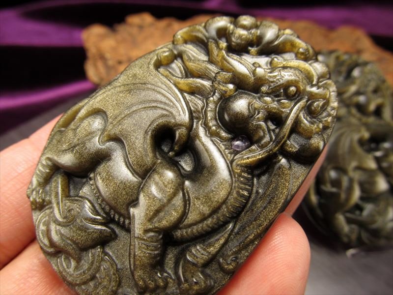 激安宣言 ゴールデンシャインオブシディアン 黒曜石 龍彫り カービングプレート 縦約55mm メキシコ産 geki-obG69 パワーストーン 天然石