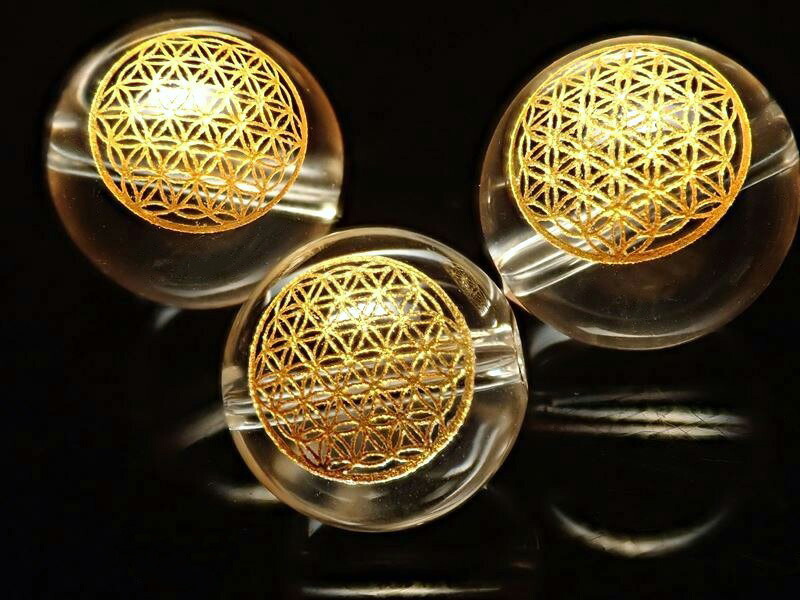 1粒売り 金塗り10ミリ珠 天然水晶 クリスタル フラワーオブライフ彫り 神聖幾何学 生命の花 調和とバランスを表す図形 10mm 金塗り