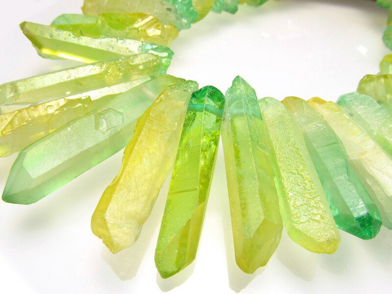 縦約15-30mm イエローグリーン染色ナチュラルポイント連 一連約38-40cm 透明感抜群 ハンドメイド クレオ穴 ブラジル産