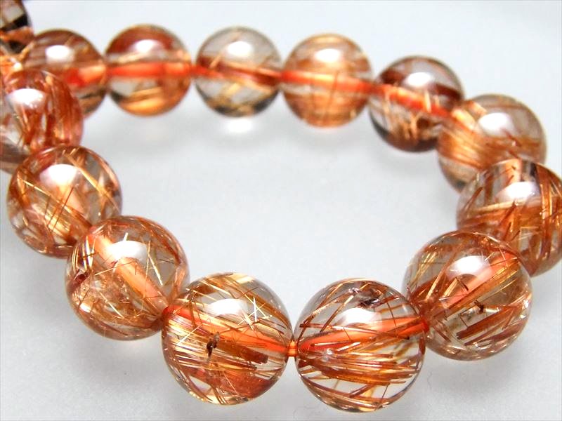 煌くオレンジ針 4A オレンジルチルクォーツ ブレスレット 9mm-10mm×20珠 金運と活力の石 一点もの ブラジル産