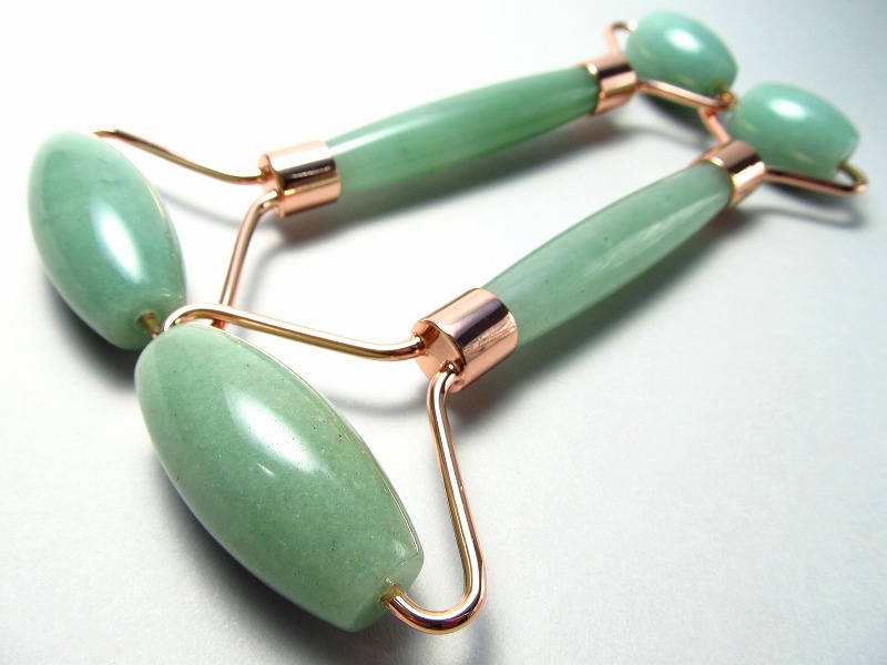 天然石 美顔ローラー アベンチュリン 全長約150mm 砂金水晶 ピンクゴールドカラー金具 ブラジル産