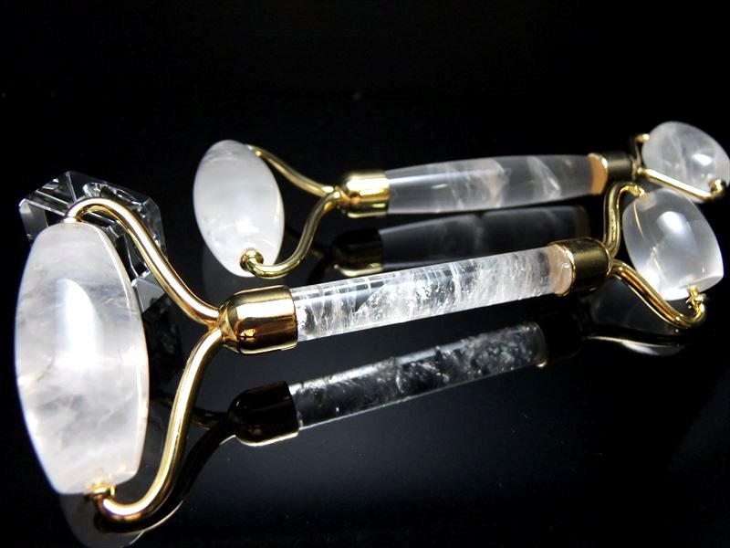 天然石 美顔ローラー 水晶 全長約140mm-145mm 1個売り 4A水晶使用 ゴールドカラー金具 ブラジル産