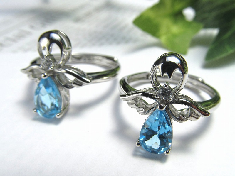 エンジェルモチーフ スイスブルートパーズ リング ペアシェイプカットフリーサイズ 13号～ 石サイズ 8mm 指輪 Silver925 ブラジル産