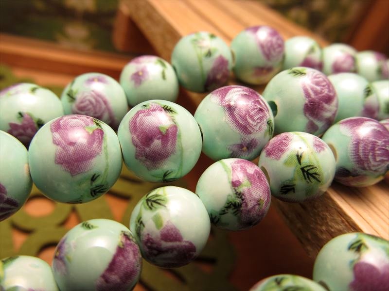 陶器製トンボ玉 とんぼ玉 花柄タイプH ラウンド型 約10mm 一連 約34cm 約35珠 昔ながらの人工ビーズ 激安 ビーズ rn-p パワーストーン 天然石