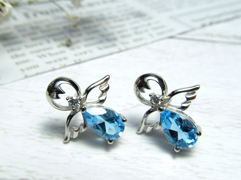 エンジェルモチーフ スイスブルートパーズ ピアス ペアシェイプカット 石サイズ縦約8mm 透明度抜群 Silver925 ブラジル産 ss-20 パワーストーン 天然石