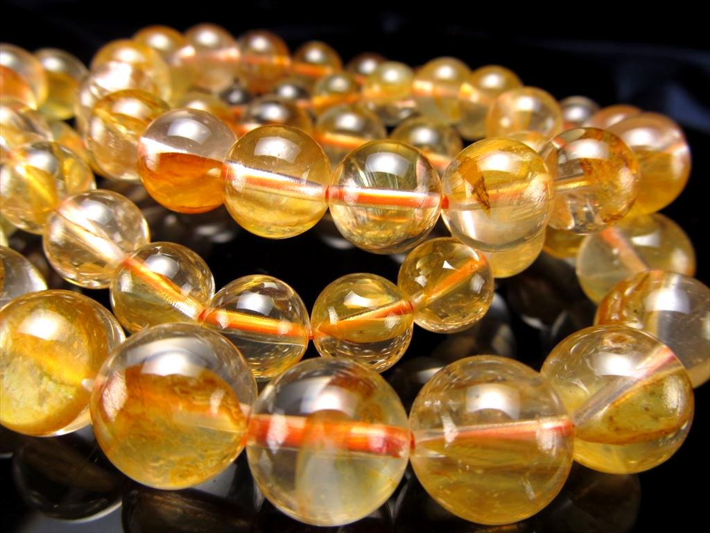 イエローライモナイトインクォーツ 褐鉄鉱入り水晶 ブレスレット 9.5mm-10mm×20珠前後 透明感あり 鮮やか発色 鉄分により色づいた天然水晶 マダガスカル産