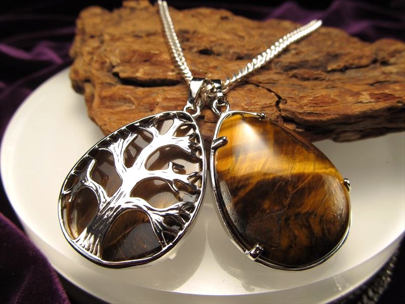 ドロップ型 ツリーオブライフ ペンダントトップ タイガーアイ 縦約33.5mm つやつやドロップ リバーシブル 世界樹モチーフ 南アフリカ産