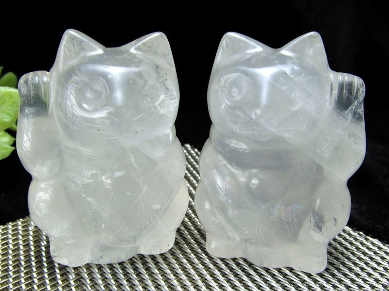 水晶 ペア 招き猫 置物 2匹セット 開運招福 商売繁盛 パワーストーン 天然石