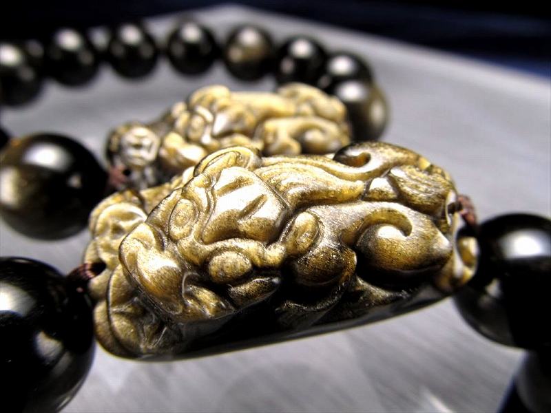 ゴールデンシャインオブシディアン 貔貅 ブレスレット 珠サイズ約14mm×12珠前後 ヒキュウサイズ約36mm×17mm メキシコ産 bl-p