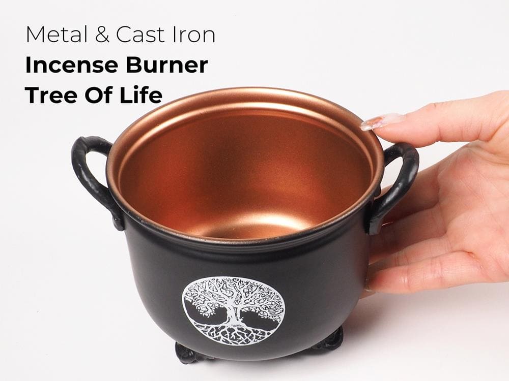 メタル インセンスバーナー 深さ7.5cm 直径11cm ツリーオブライフ デザイン ホワイトセージ・パロサントパウダー・チップ香・粉末香などの薫香の燃焼に便利