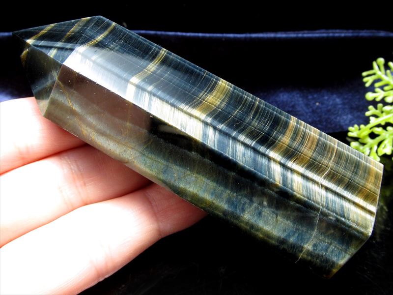 ツートンタイガーアイ 六角柱 ポイント 高さ88mm 重さ119g くっきりシラー効果 ゴールド&ブルー バイカラー 力と財力の象徴 虎目石 一点もの 南アフリカ産