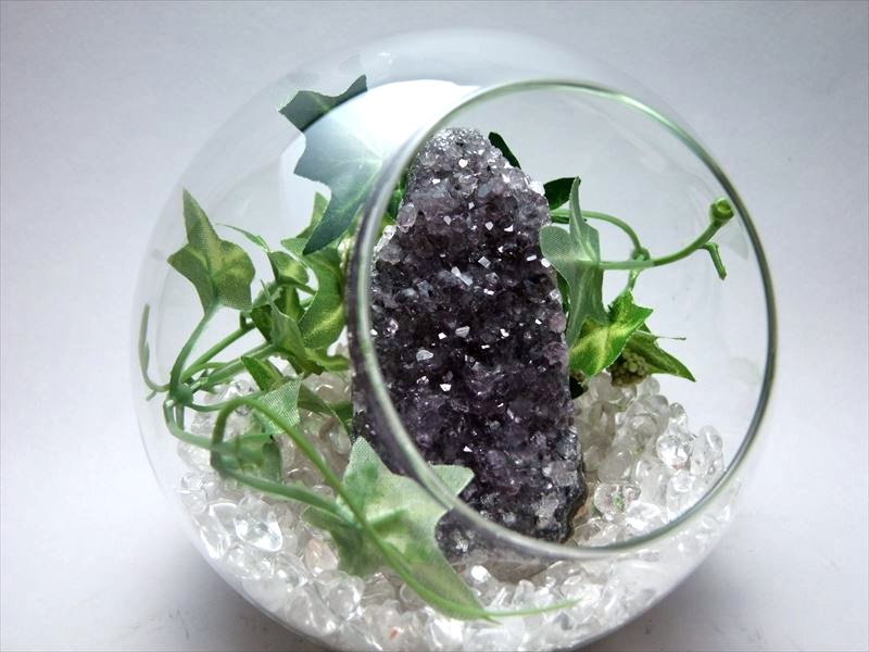 天然石 ボトリウム 5点セット アメジストクラスター+水晶さざれ300g+斜め口ガラスボトル+竹コースター+フェイクグリーン 造花 の5個Set 癒しと安眠