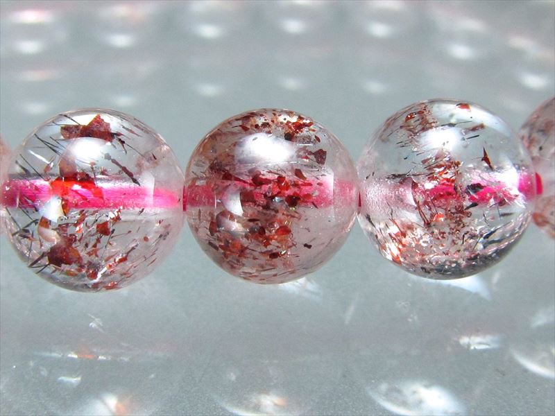 超透明 5A ストロベリークォーツ ブレスレット 苺水晶 7.5mm-8mm×24珠 きらきらレピドクロサイトたっぷり 一点物 ブラジル産