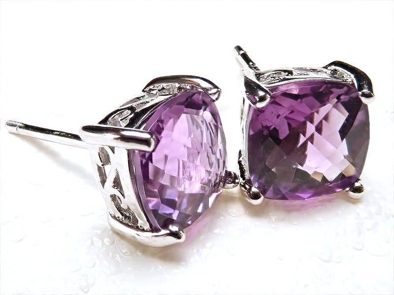 激安宣言 5A アメジスト スクエア多面カット・クッションカットの2種 ピアス 石サイズ約7mm SILVER925 シンプル四つ爪タイプ ブラジル産 geki-7070C30S