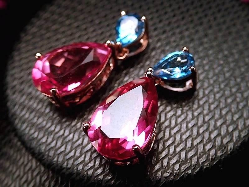 激安宣言 5A 超透明 ピンク&スイスブルートパーズペンダントトップ ダブルドロップカット型 石サイズ・ピンク縦約14mm・ブルー縦約7mm 1個売り 豪華2石使用