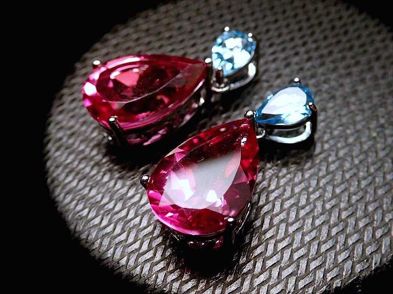 激安宣言 5A 超透明 ピンク&スイスブルートパーズペンダントトップ ダブルドロップカット型 石サイズ・ピンク縦約14mm・ブルー縦約7mm 1個売り 豪華2石使用