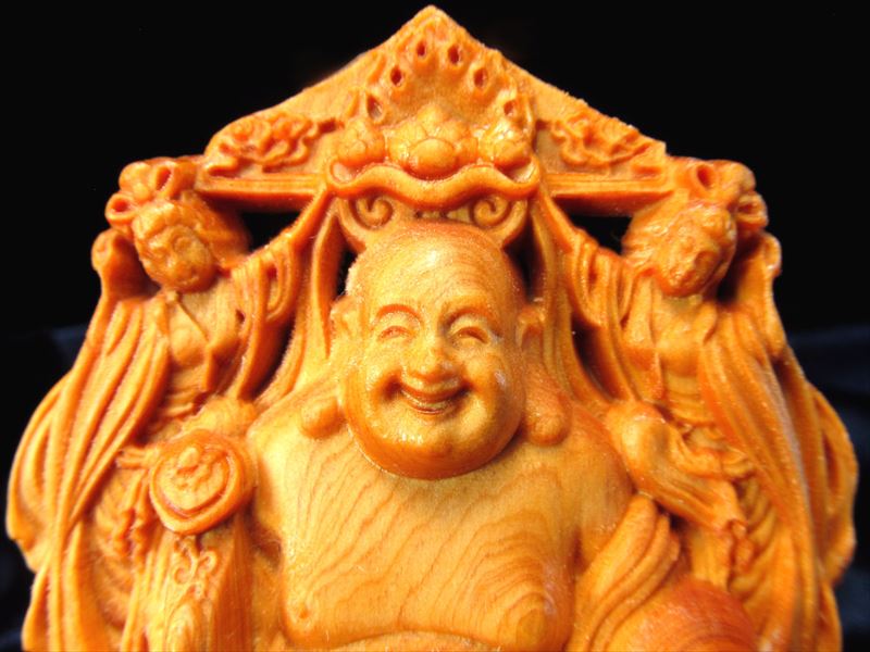 両面彫り 布袋様 極上手彫り 木彫り 布袋&菩薩 置物 高さ約85mm 風水やインテリアに パワーストーン 天然石
