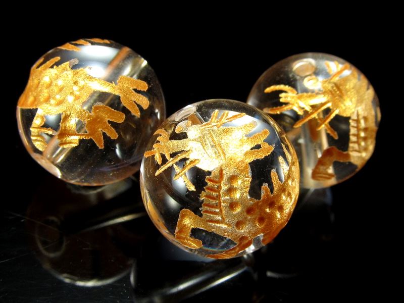 1粒売り 金塗り14ミリ珠 天然水晶 クリスタル 麒麟 キリン 彫り 吉祥仁慈の瑞獣 14mm 金塗り