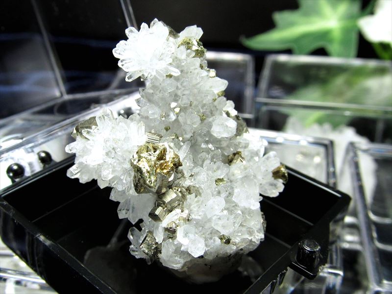 ミニチュア原石シリーズ パイライト共生 水晶クラスター ケース付き ギラギライエロー&シルバー ゴールド ミニクラスター 強力な邪気払いの石