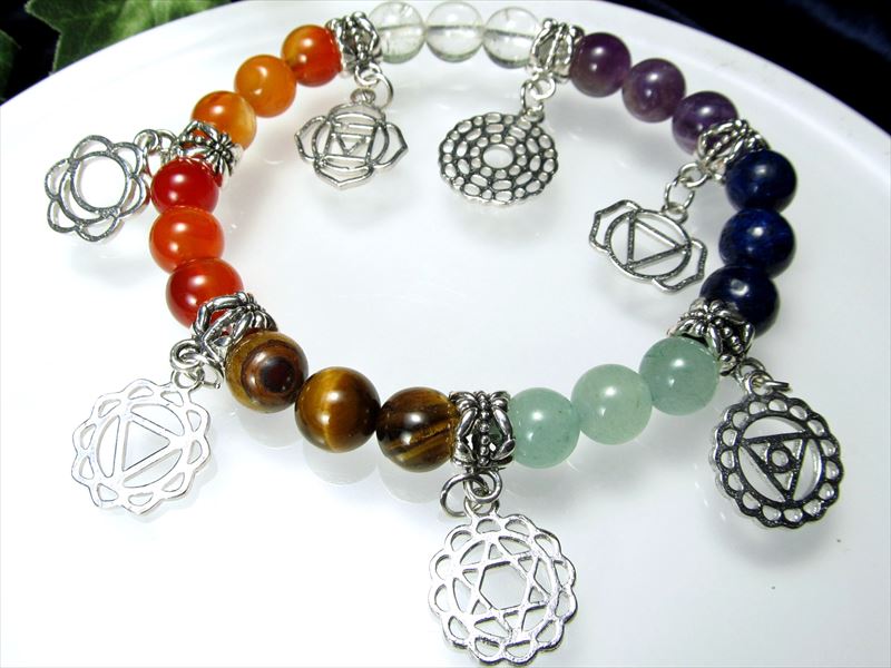 チャーム付き 7チャクラ対応 チャクラシンボルチャーム付き デザインブレスレット 石サイズ約8-8.5mm 7種の天然石 古代インドから伝わるエネルギー補給