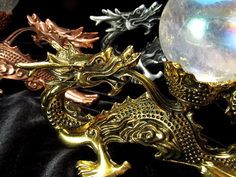 選べる3種類 ヴィンテージ調 神龍デザイン 天然石丸玉用台座 幅17cm 台座部分の幅約3cm ゴールド シルバー ブロンズ インテリアやお部屋のアクセントに 亜鉛合金製 inmy