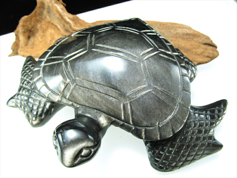 シラーたっぷり シルバーオブシディアン（黒曜石） 亀 彫刻 置物 最大幅約157mm 健康と長寿の象徴！レアなシルバーシラー 災いを退ける魔除け メキシコ産 hos