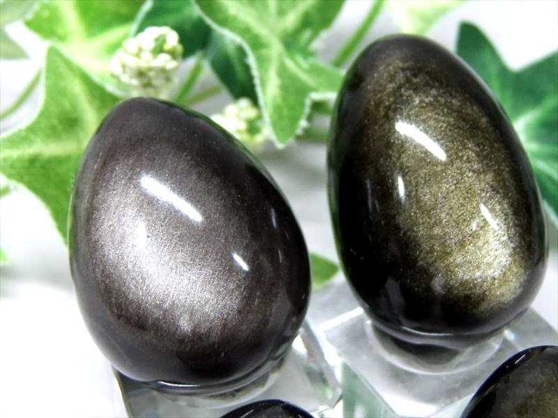 選べるシラー2種 ゴールデンシャイン&シルバー・オブシディアン 黒曜石 エッグタンブル 高さ 約30-40mm 古来からの強力な守護石 たまご型デザイン メキシコ