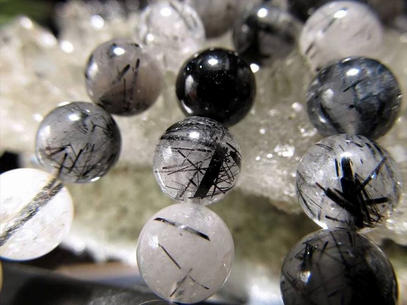 激安宣言 約8mm珠 ブラックトルマリン 針入り水晶 一連 約36-38cm 黒トルマリン入り天然水晶 電気石入り水晶 ブラジル産 geki-sak