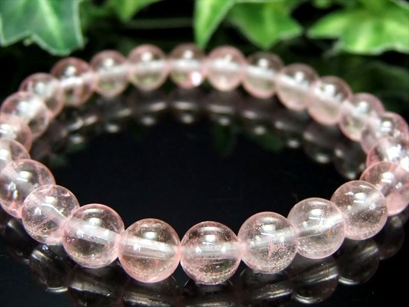 透明うる艶ピンク ピンクトパーズ ブレスレット 7.5mm-8mm×24珠 ライモナイト&ブラックトルマリン入り珠あり 引き込まれる透明感 神の領域と繋がる石