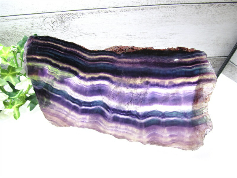 5A 層状マルチカラーフローライト 蛍石 プレート原石 幅約204mm 重さ約565g 天才の石 インテリアに 虹の様なパープルの層 一点もの アメリカ産 yam-nz ok-