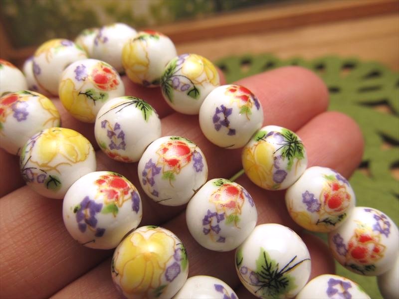 陶器製トンボ玉 とんぼ玉 花柄タイプC ラウンド型 約10mm 一連 約34cm 約30珠 昔ながらの人工ビーズ 激安 ビーズ rn-p パワーストーン 天然石
