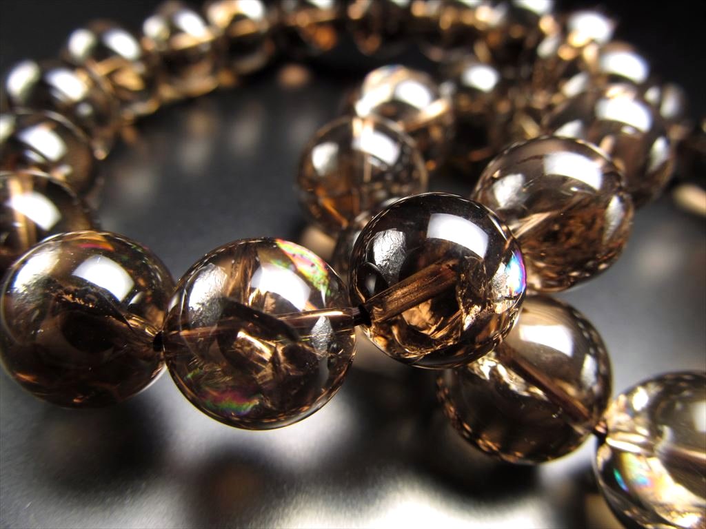 超透明 虹入り スモーキークォーツ ブレスレット 8mm-9mm×23珠前後 邪気払いの石 希望と幸運を呼ぶ虹色の輝き アイリス ブラジル産