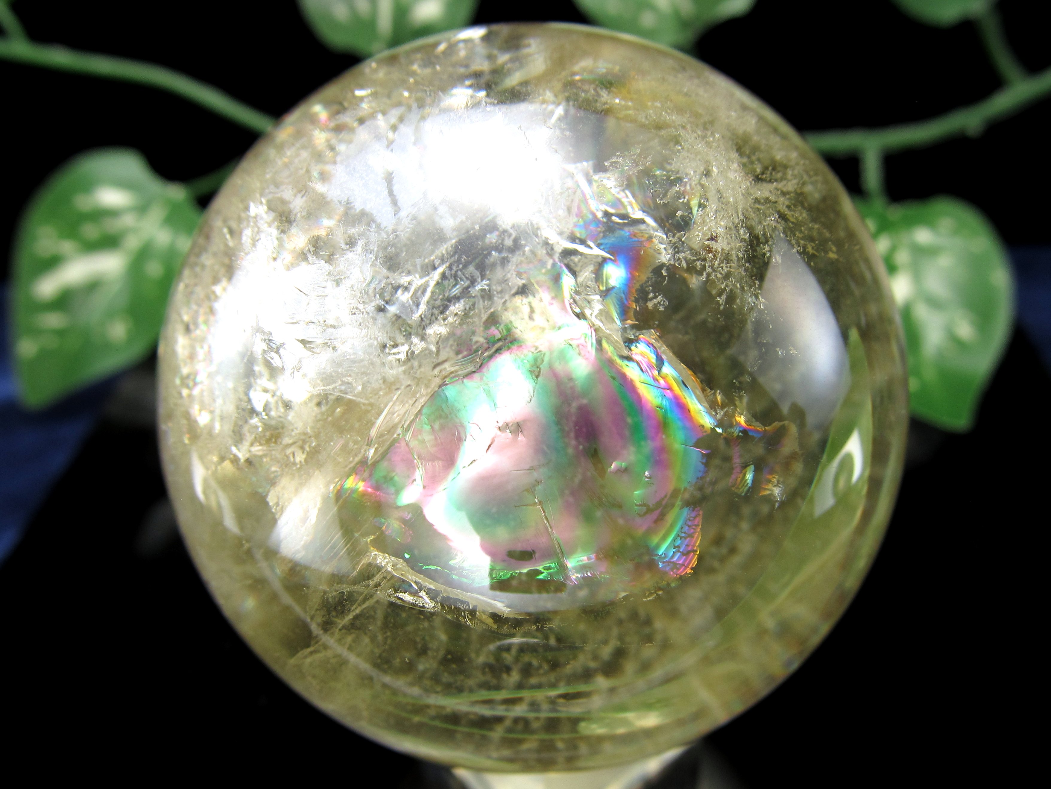 超透明 5A 虹入り シトリン 丸玉 台座付き 直径約58mm 重さ268g 透明感抜群 金運 財運 幸運 お守りにも 一点もの ブラジル産 パワーストーン 天然石