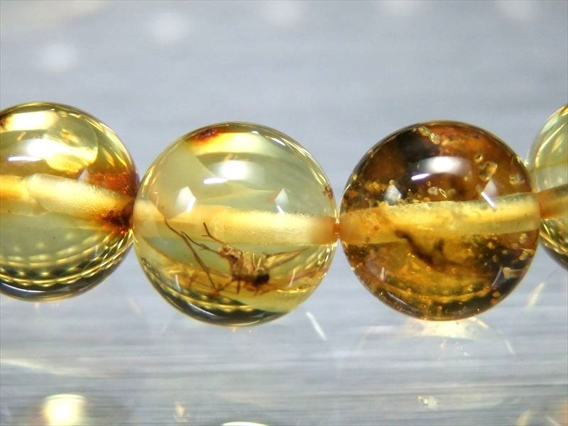 ハッキリ虫入り 5A 虫入りアンバー 天然虫入り琥珀 ブレスレット 8.5mm-9mm×22珠 4千万年前の虫が閉じ込められた琥珀 1点物 バルト海産