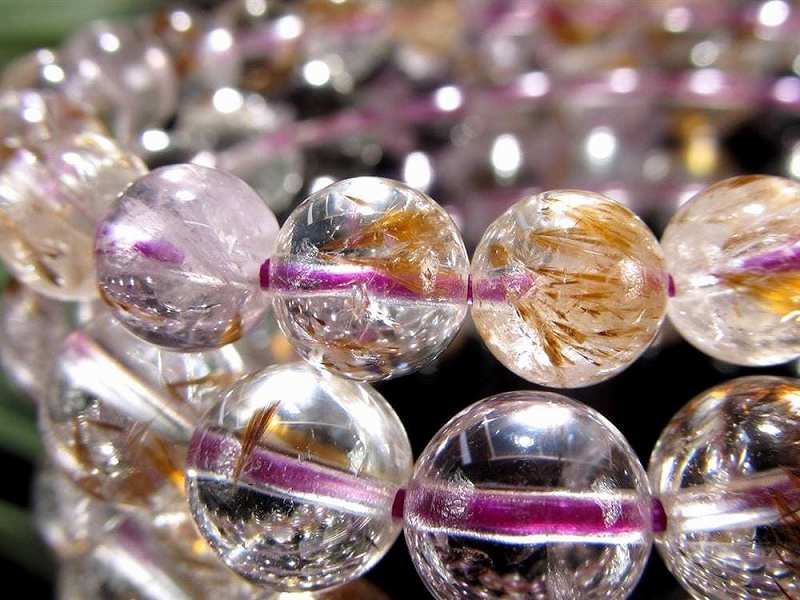 透明感抜群 カコクセナイトインクォーツ MIX ブレスレット 7mm-7.5mm×26珠前後 扇状鉱物 カコクセナイト入り水晶 ラベンダーアメジストがアクセントに