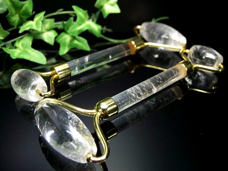 超透明 天然水晶 美顔ローラー 1個売り 全長約140mm-145mm ハイグレード水晶使用 ゴールドカラー金具 ブラジル産