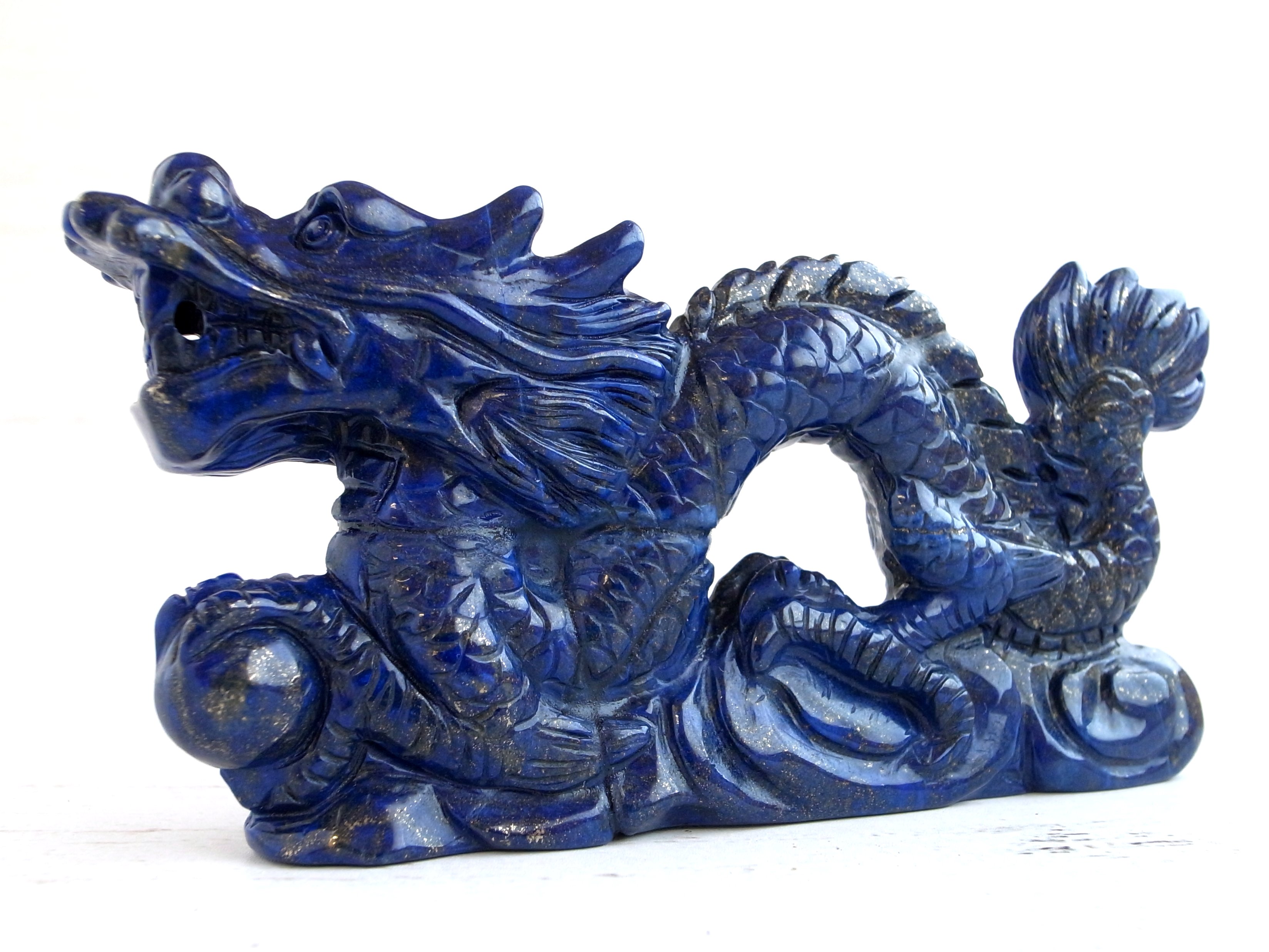 龍神 ラピスラズリ 龍彫刻置物 高さ約66.5mm 約265g ドラゴンモチーフ 一点もの 龍玉付き 9月の誕生石 アフガニスタン産 sai
