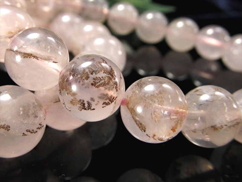 桜の枝模様入り 大珠 デンドリティックインローズクォーツ ブレスレット 10.5mm-11mm×19珠前後 木の葉状鉱物デンドライト