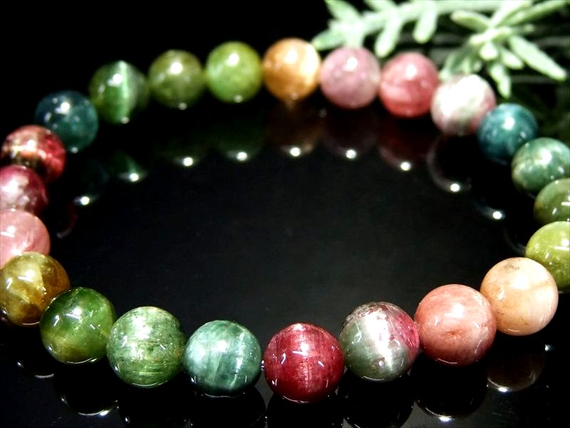 店頭展示中 4A+ キャッツアイ MIXトルマリン ブレスレット 8mm-8.5mm×23珠 シックなマルチカラー 幸運・健康を引き寄せる石 極上宝石質グレード 1点物