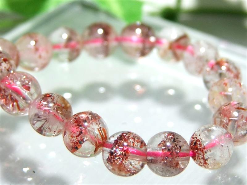 3A+ 内容物たっぷり ストロベリークォーツ ブレスレット 6.5mm-7mm×29珠 きらきらレピドクロサイト 苺水晶 1点もの ブラジル産