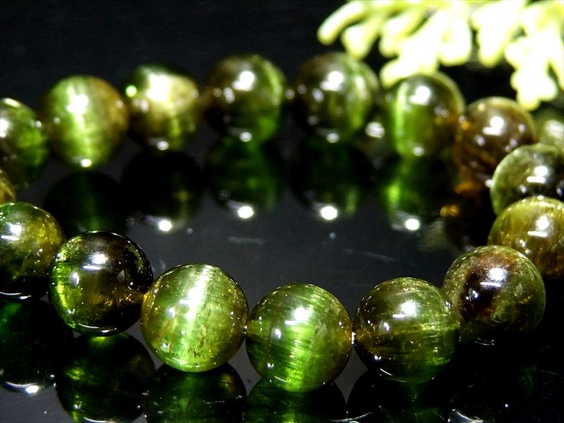 全珠キャッツアイ 4A+ グリーンキャッツアイ トルマリン ブレスレット 7mm-7.5mm×26珠 希少 激レア 透明キャッツアイヴェルデライト 電気石 ブラジル産